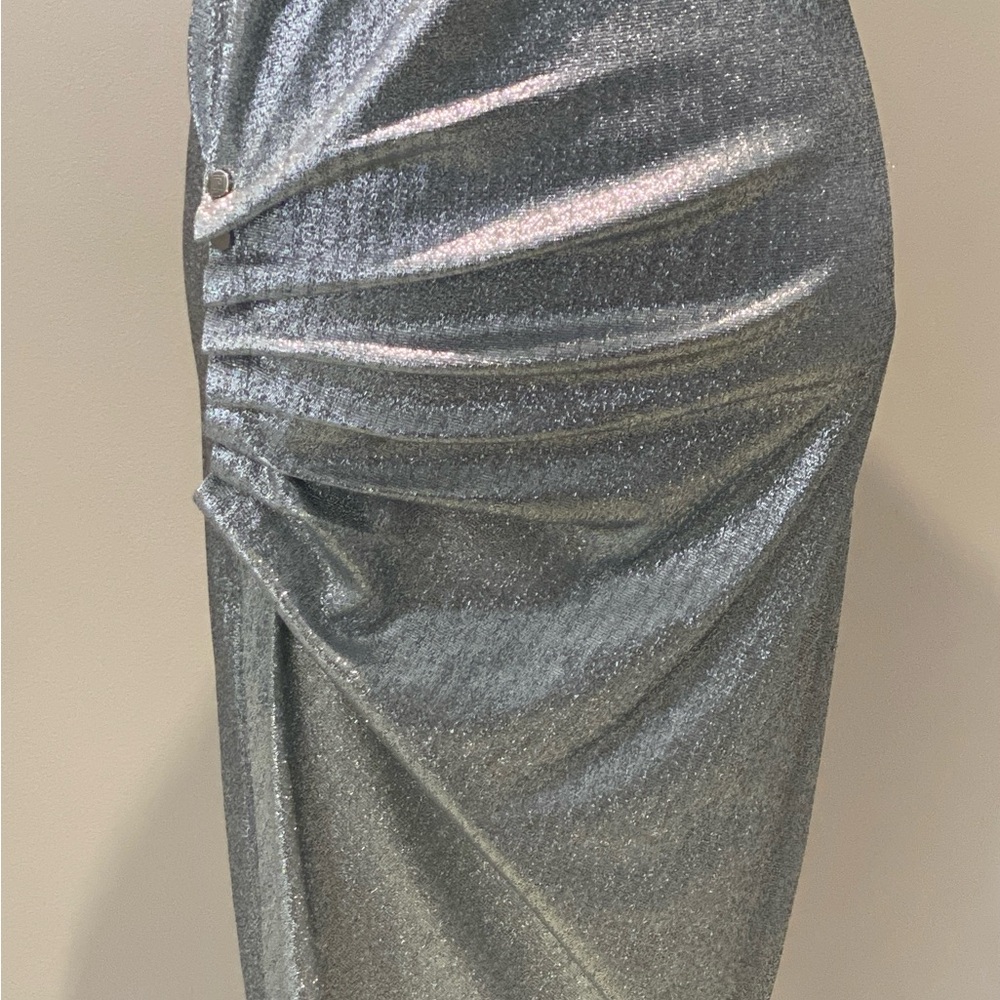Paco Rabanne Metallic Silver Asymmetrical Ruched Dress - Picture 8 of 10